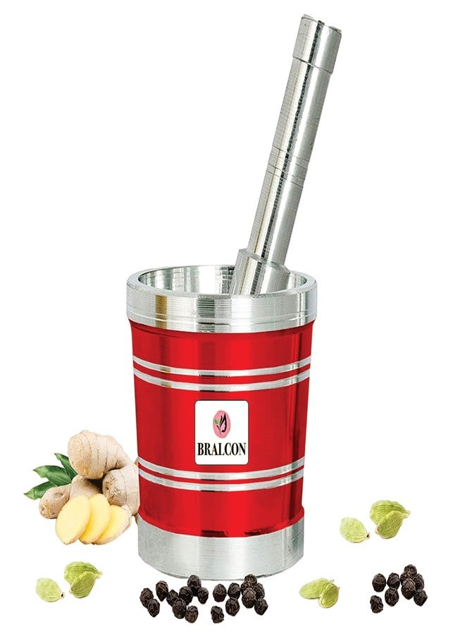 BRALCON Red Khalbatta for Kitchen | Okhli Masher | Morter & Pestle Set | Aluminium Khalbatta | Imam Dasta, Spice Mixer, khaldasta, okhli Masher, Kharal, okhli & musal - Image 1